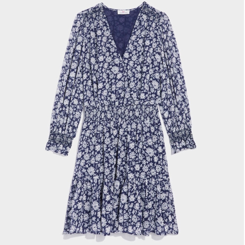 Vineyard Vines Blue Floral Smocked Wrap Dress Midi Length Long Sleeves